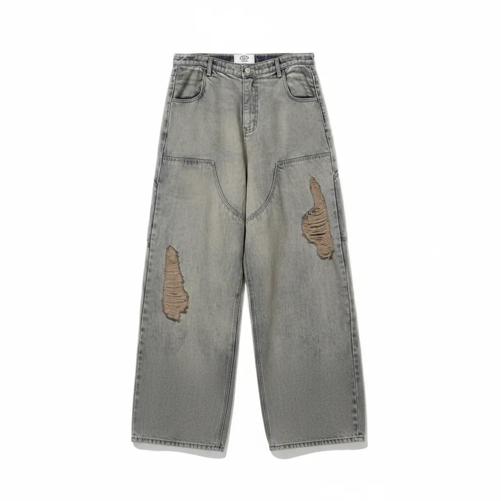 DOUBLE-KNEE CRACK-WASHED DENIM PANTS