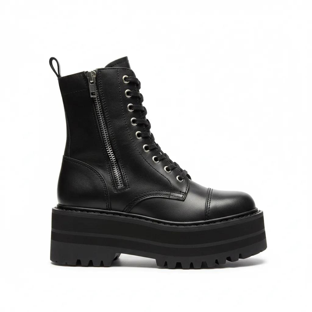 Tractor Lace-Up Zip Boot - Black