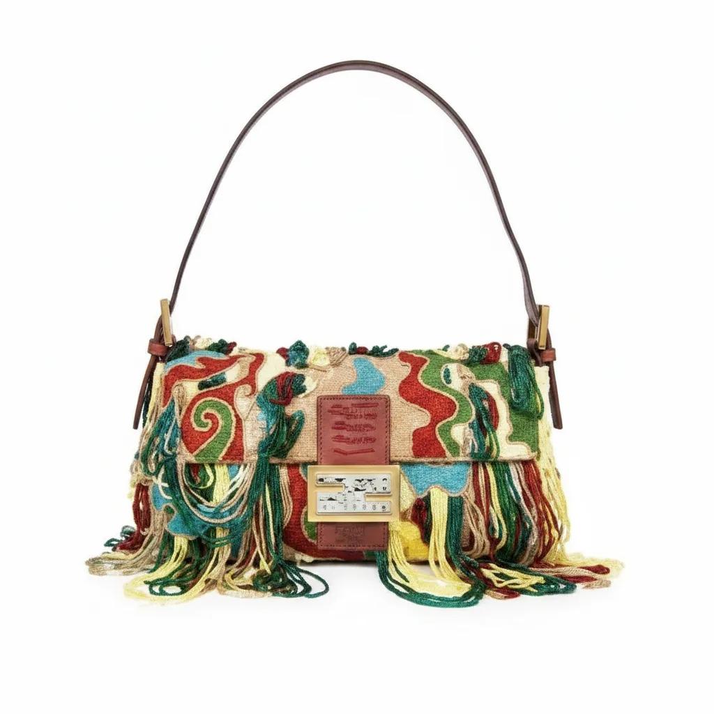 Beaded Fringe Baguette Shoulder Bag