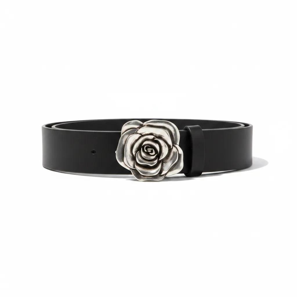 Leather Belt with Silver Pleated Flower Buckle