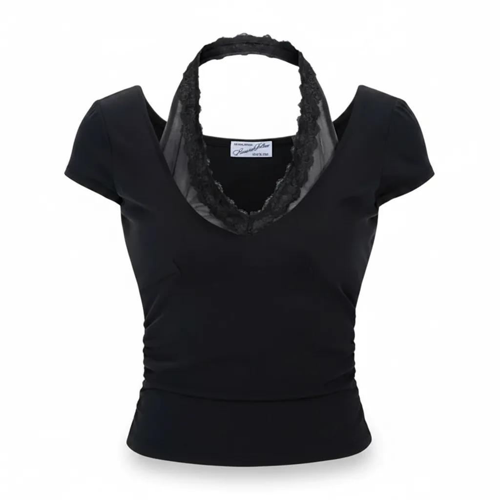 Amelia Lace Halter Short Sleeve Top Cool Charcoal