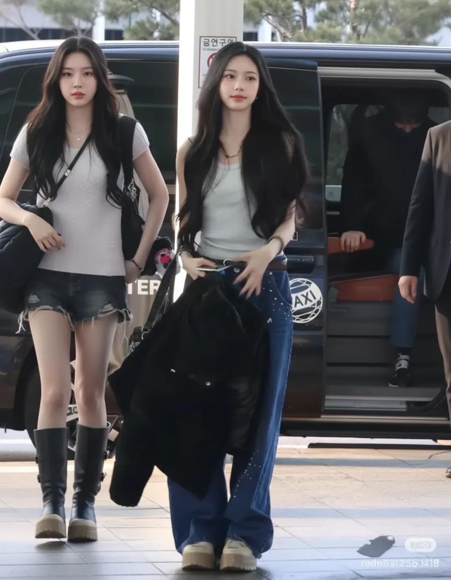 Haerin's casual airport style in wide-leg denim