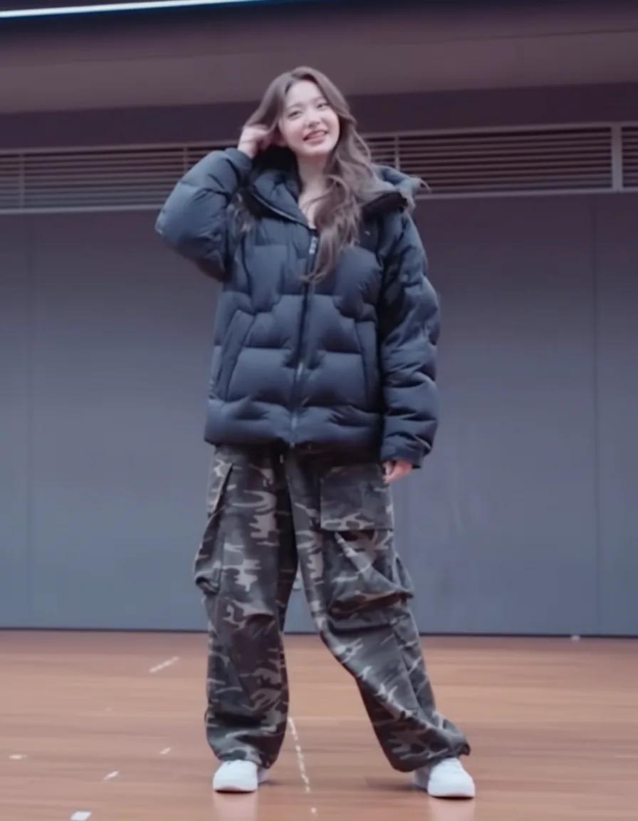 Jang Wonyoung casual streetwear with oversized puffer