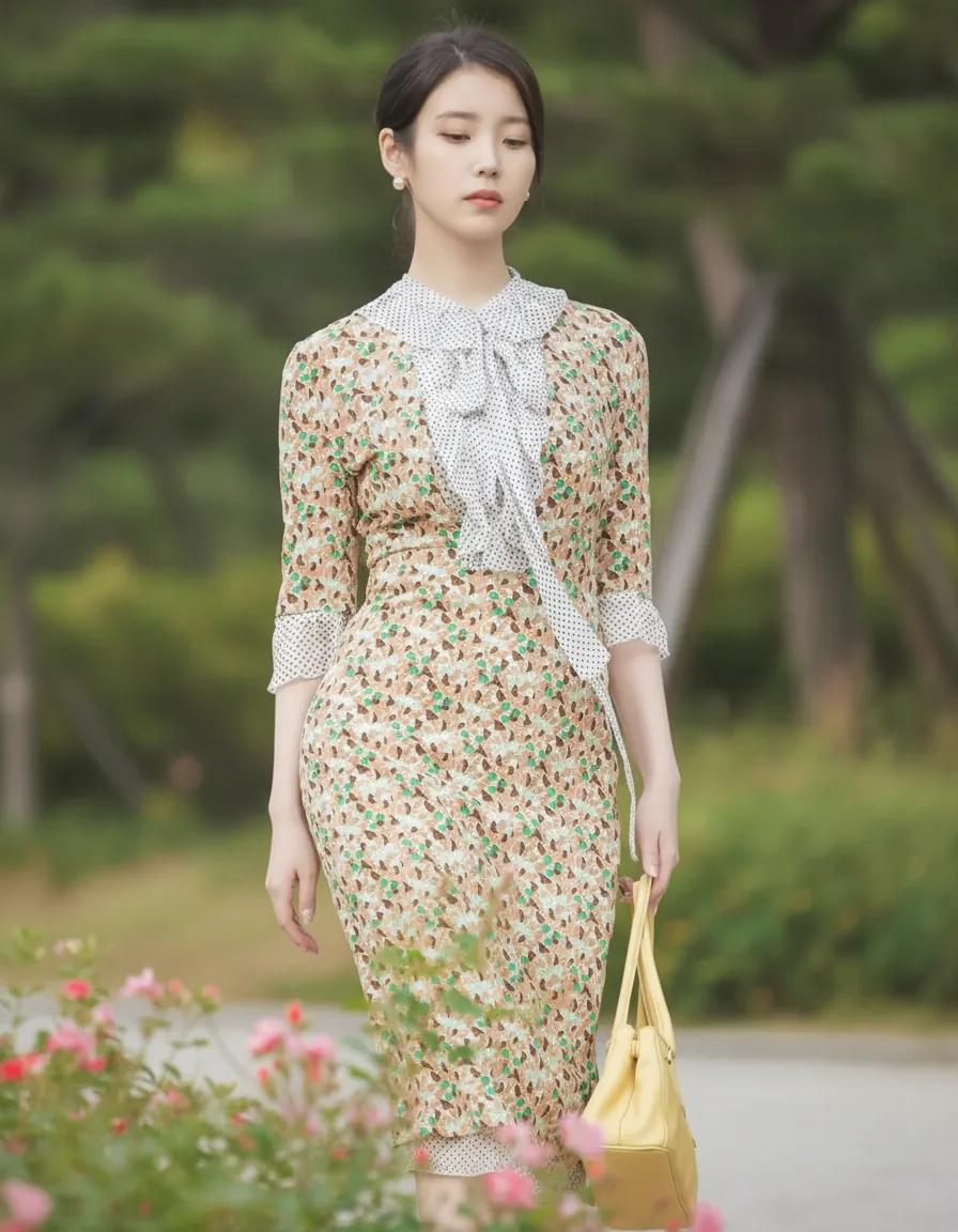 IU's elegant floral midi dress ensemble