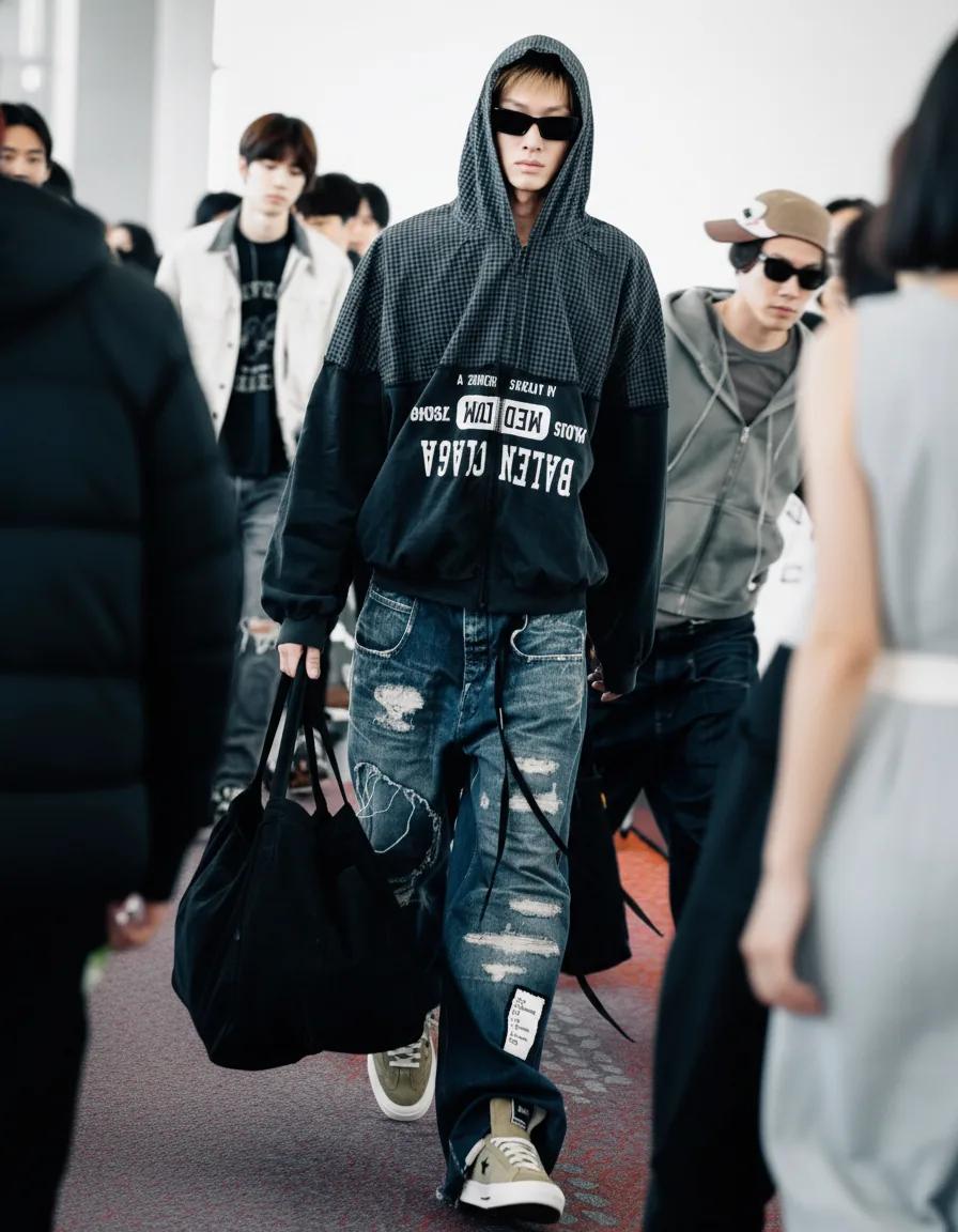 Martin's casual street style with oversized hoodie and distressed denim