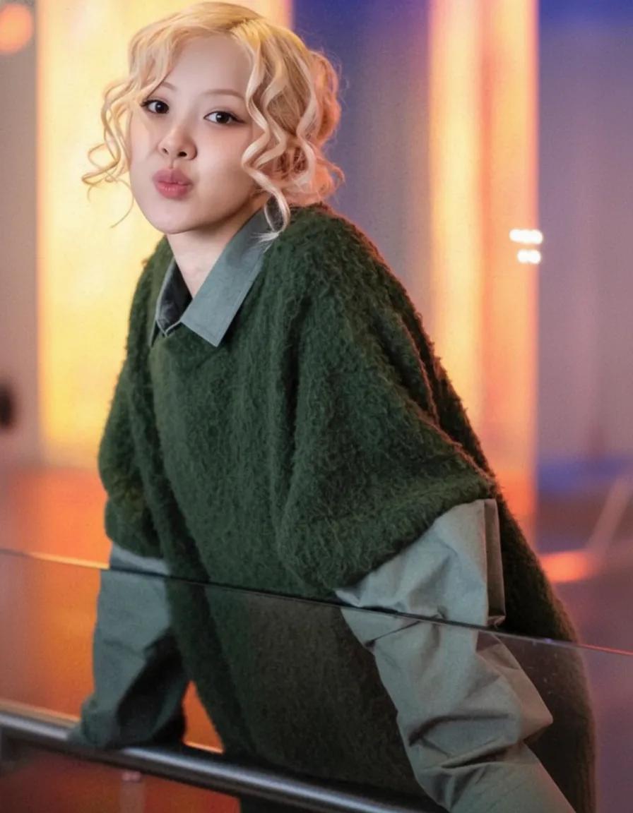 Rosé in a layered green knit pullover for Radio 1
