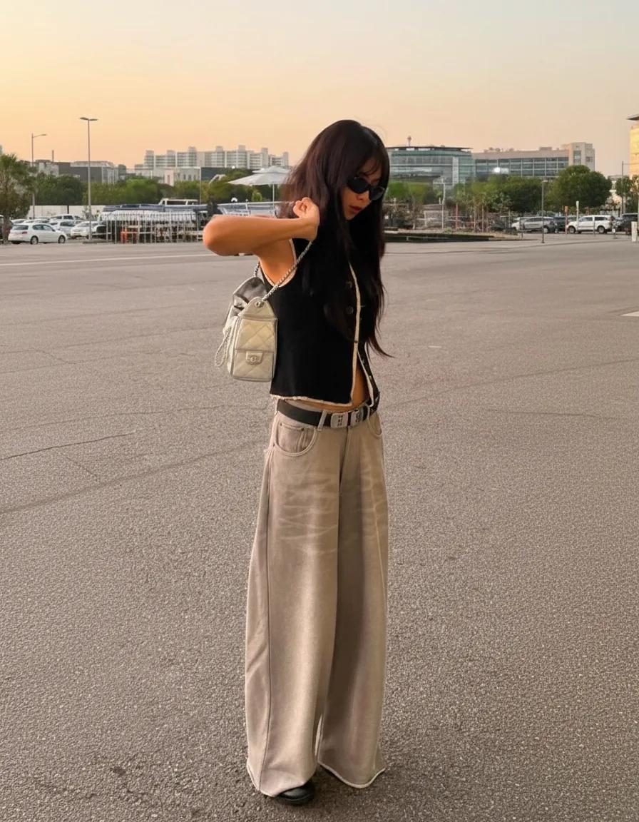 Jennie airport look in oversized trousers