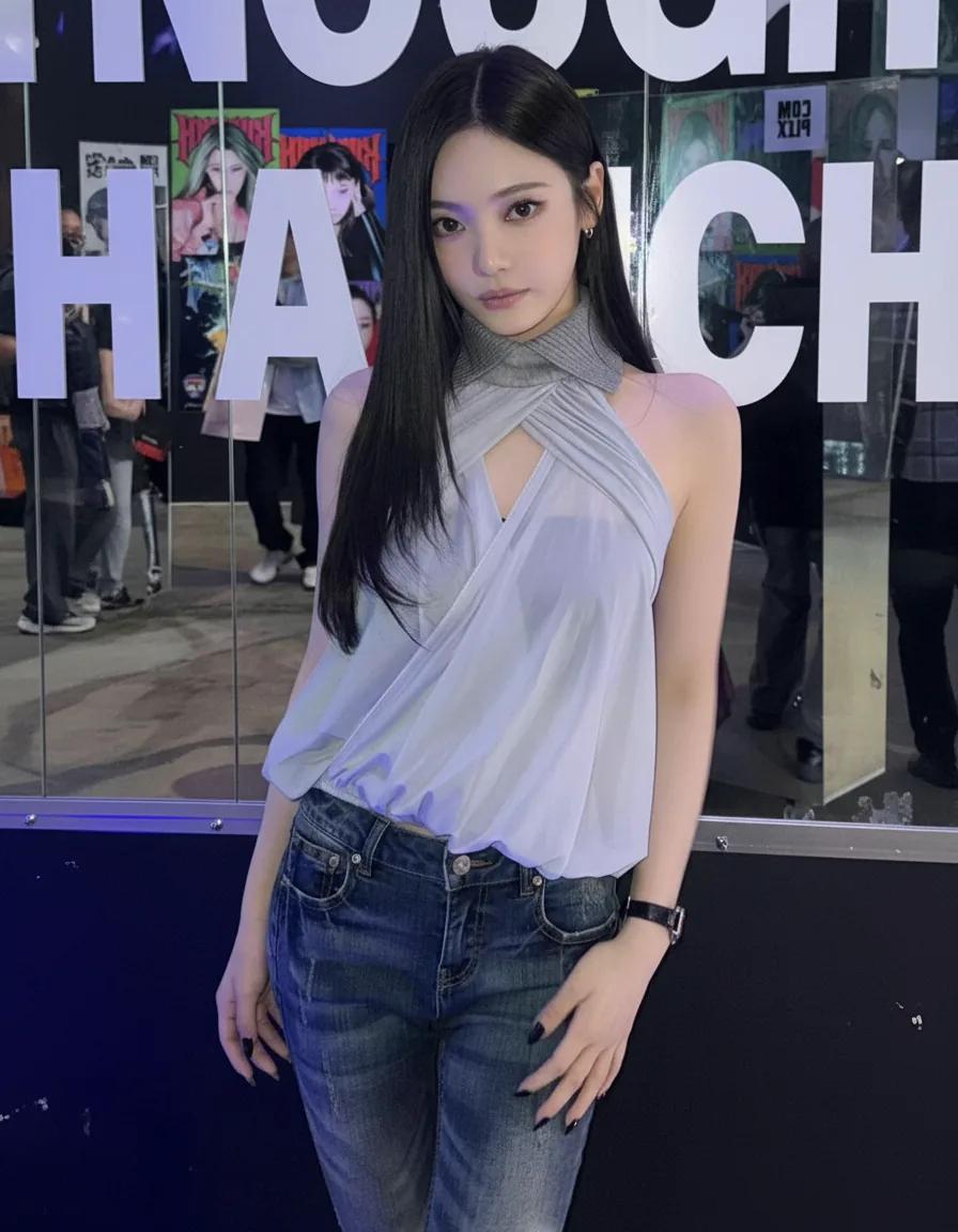 Ningning at LA pop-up event in halter top and jeans
