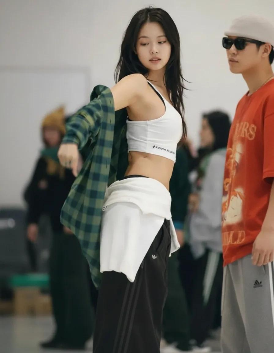 Lisa's casual streetwear look with plaid blazer