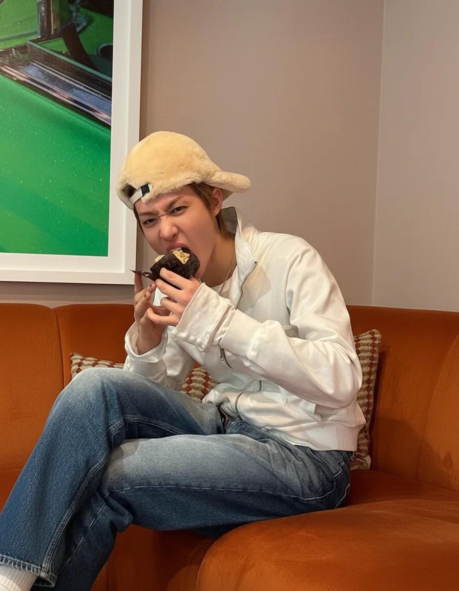 Martin casual look with furry cap and track jacket