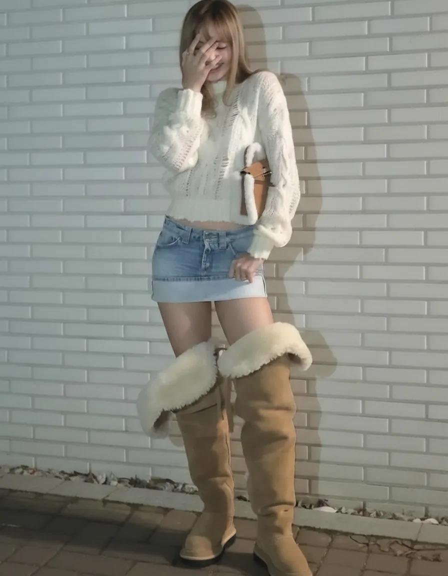 Lisa's cozy winter street style with denim mini skirt