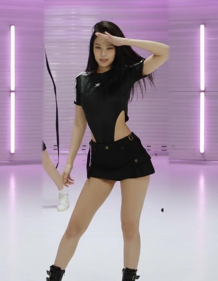 Lisa in black crop top and mini skirt
