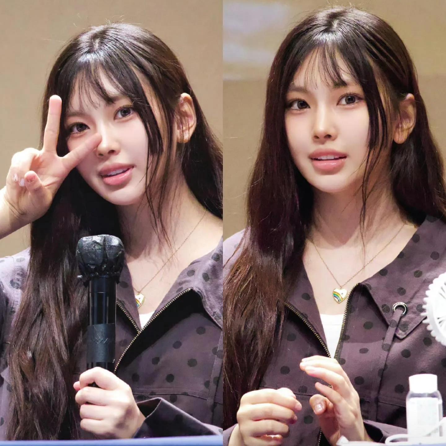 Lisa in polka dot blouse at fan meeting