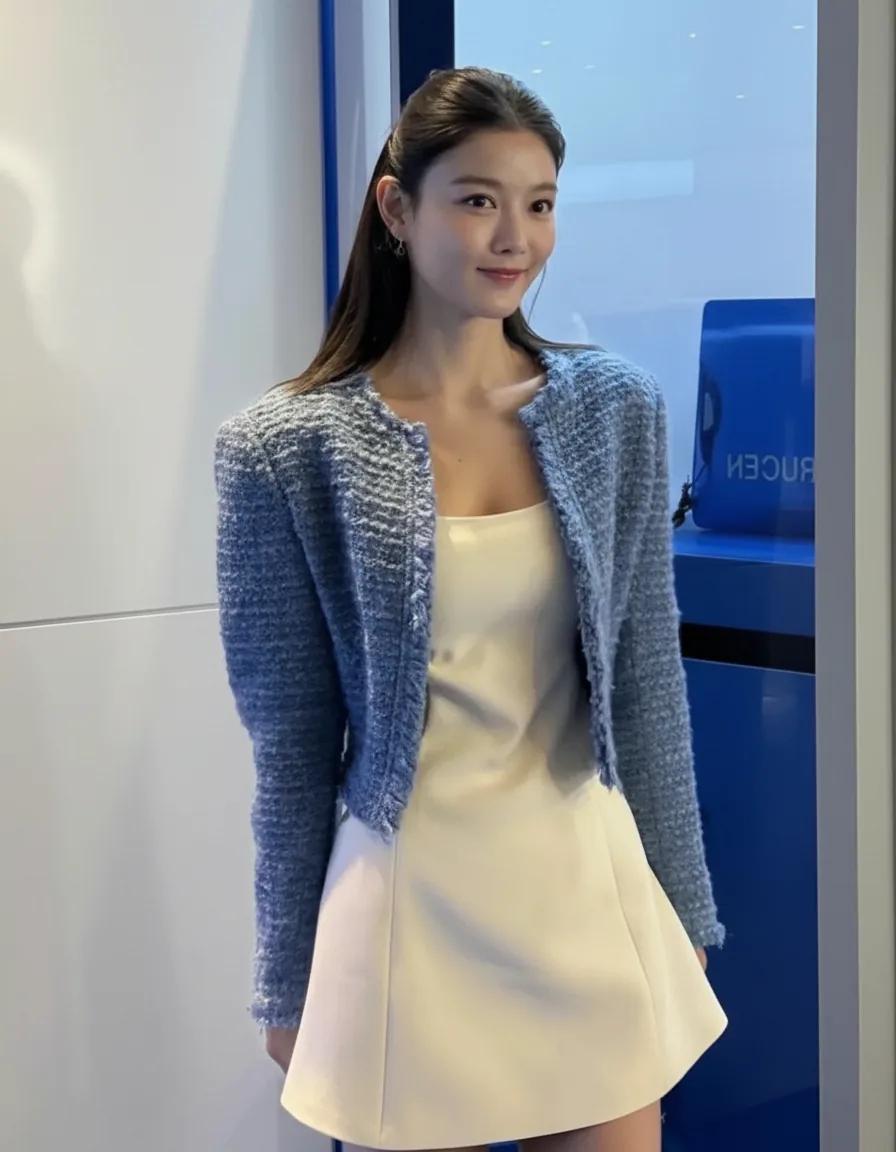 Kim Yoo-jung chic look in blue jacket and beige dress