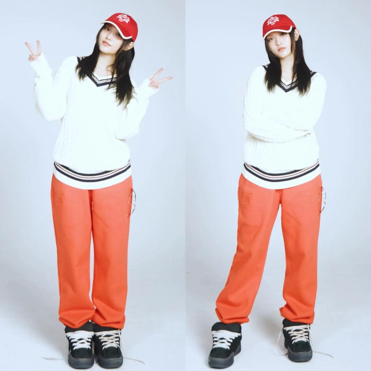 Lisa in oversized knitwear and bright pants