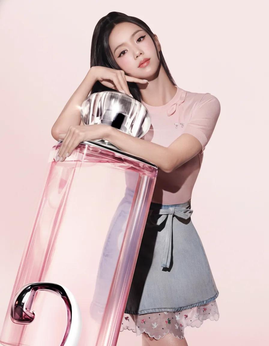 Jisoo in a pink top and denim skirt for Dior campaign
