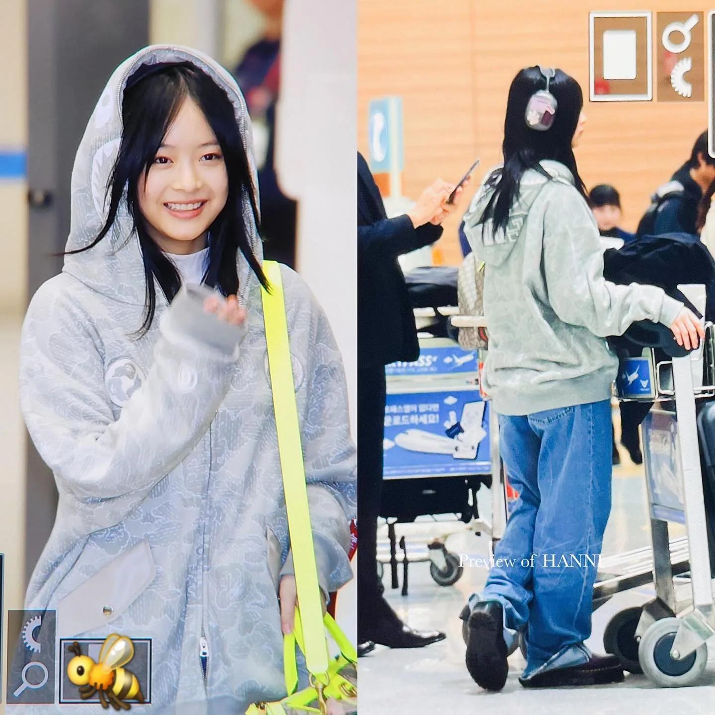 Hanni airport look in oversized hoodie
