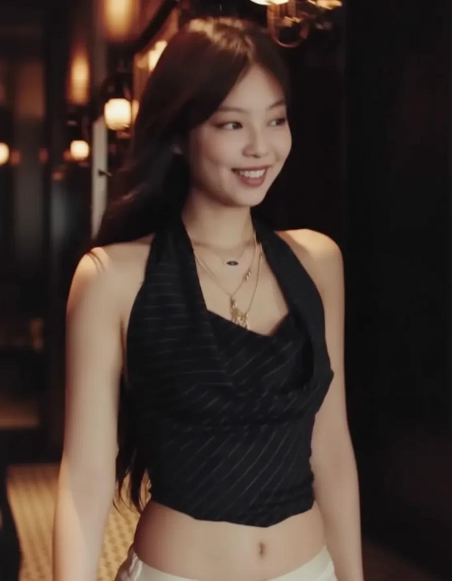 Jennie in pinstripe halter top and silk pajama pants