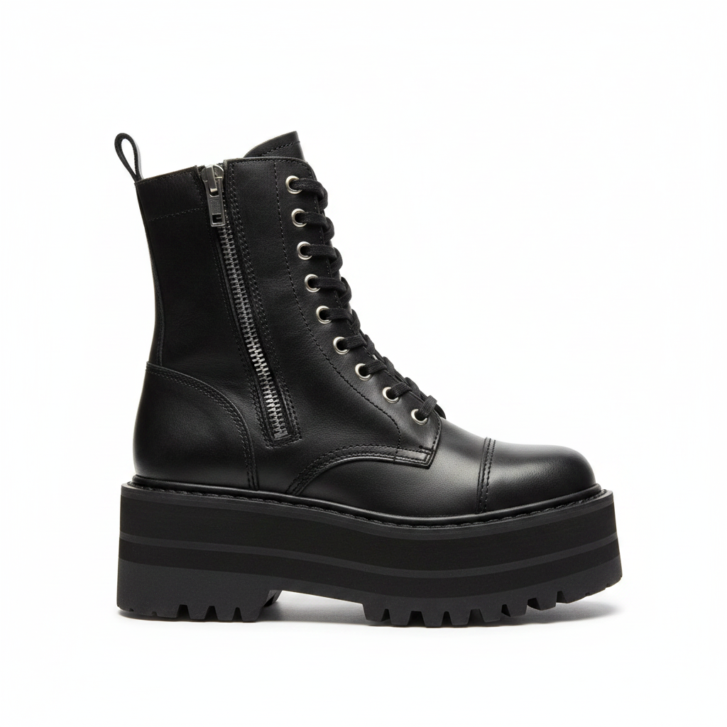 Tractor Lace-Up Zip Boot - Black