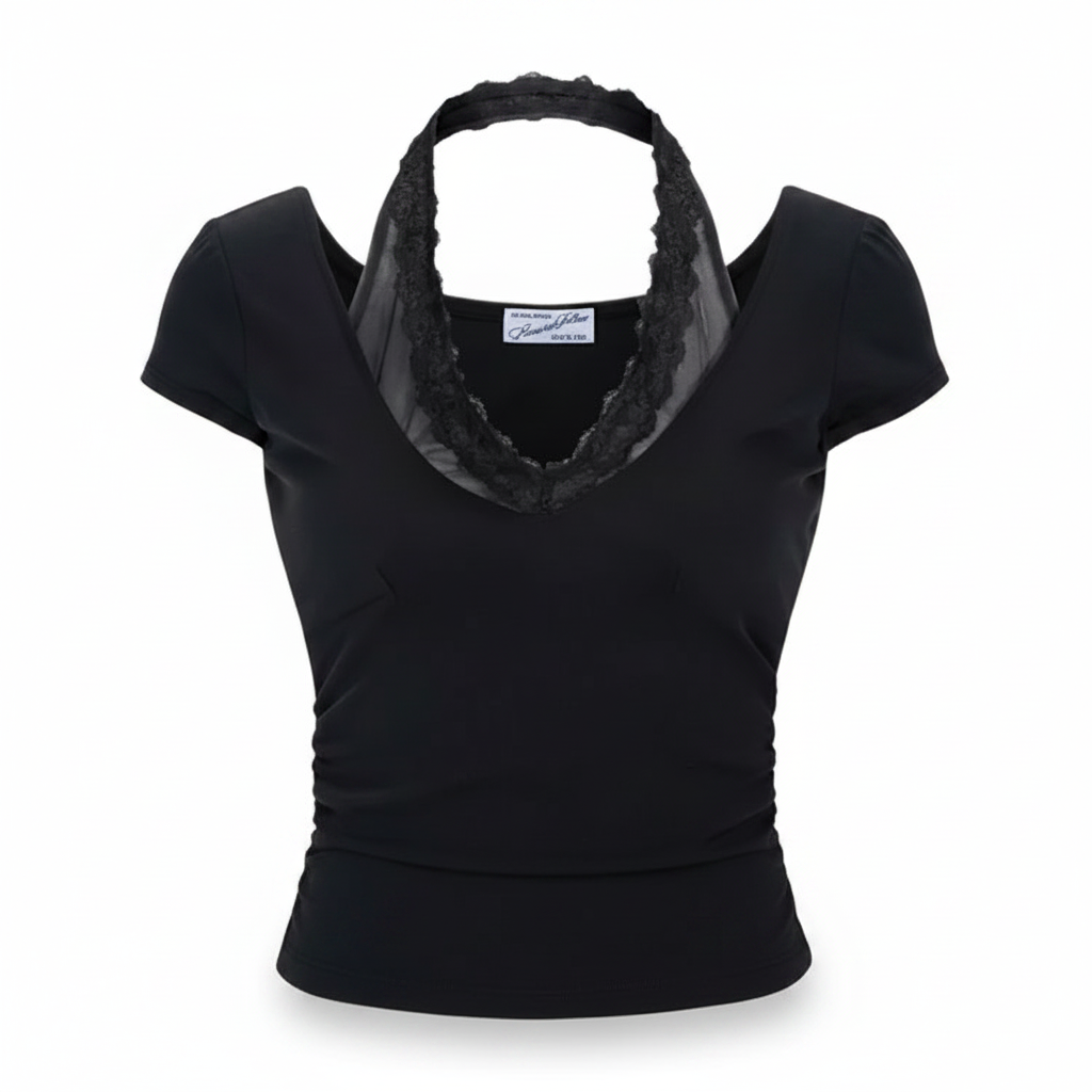 Amelia Lace Halter Short Sleeve Top Cool Charcoal